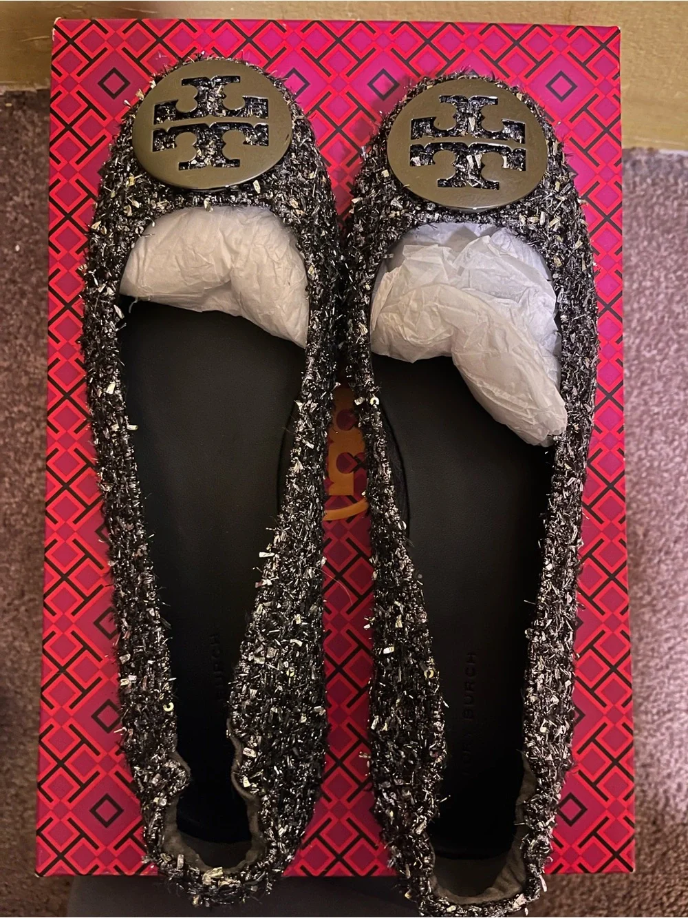 Tory Burch Silver Tweed Logo Ballet Flats